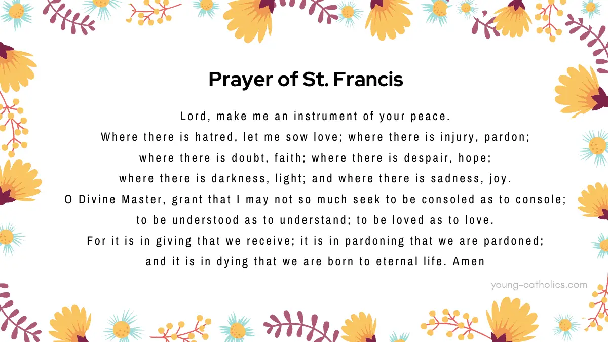 The prayer of St. Francis (Peace Prayer) on a social media graphic, surrounded by flowers.