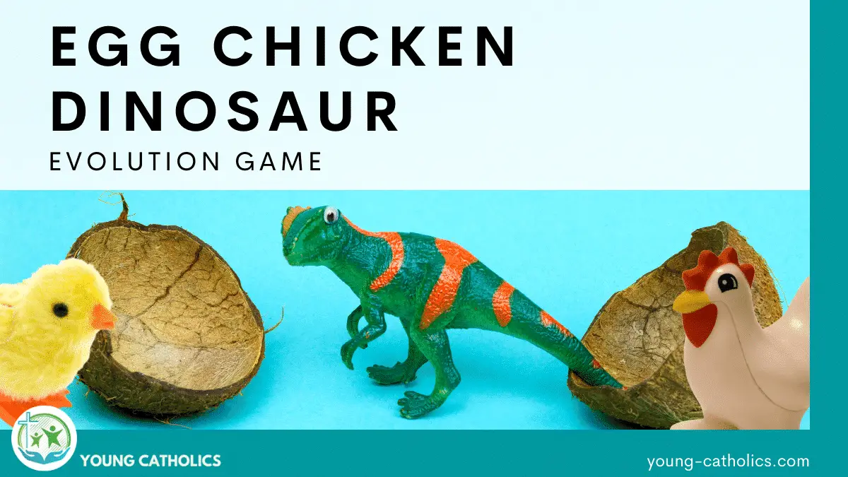 Toy eggs, chickens, and dinosaur on a light blue background for this egg chicken dinosaur evolution game.