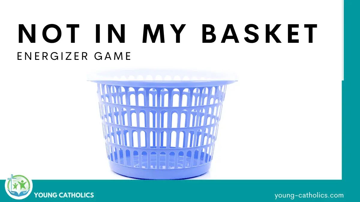 An empty blue laundry basket, of the type used to play this Not In My Basket game.